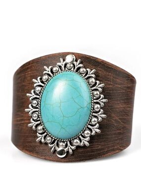 Turquoise Stone Floral Silver Accent Brown Leather Wrap Bracelet